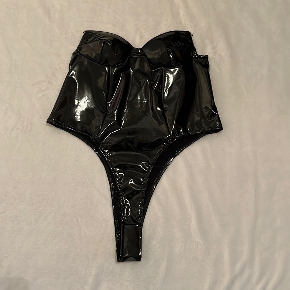 Black leather body suit